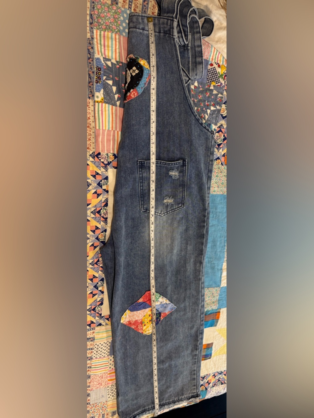 Sedona Artist OOAK Patchwork Denim Overalls girlhood floral Star Appliqués L - Picture 7 of 8